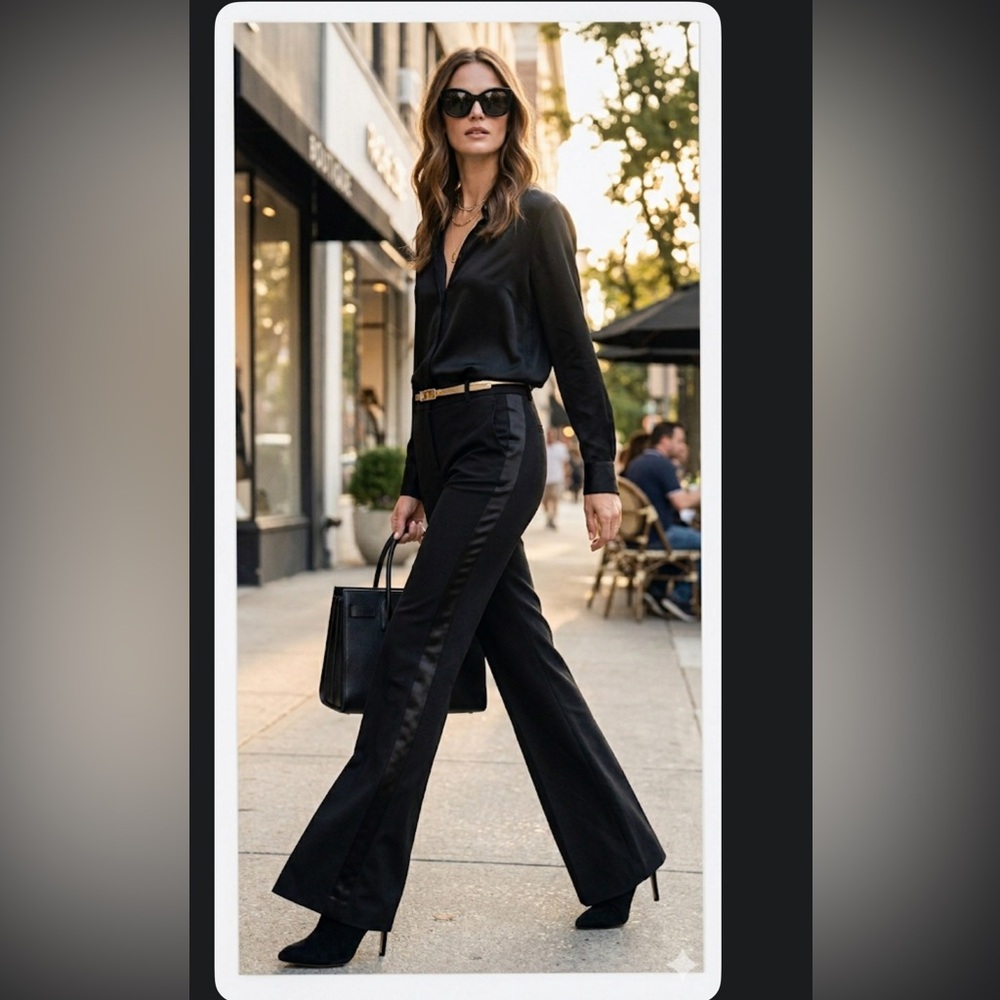 NWT Rachel Zoe Black Wool-Blend Tuxedo Stripe Wide Leg Flare Pants Size 0